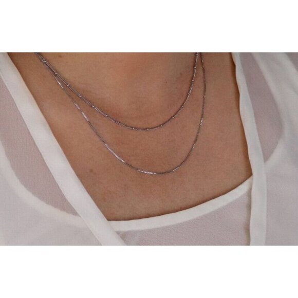 Sterling Silver Two Strand Necklace box Chain & Beaded Station Adjustable Chain - Picture 2 of 7